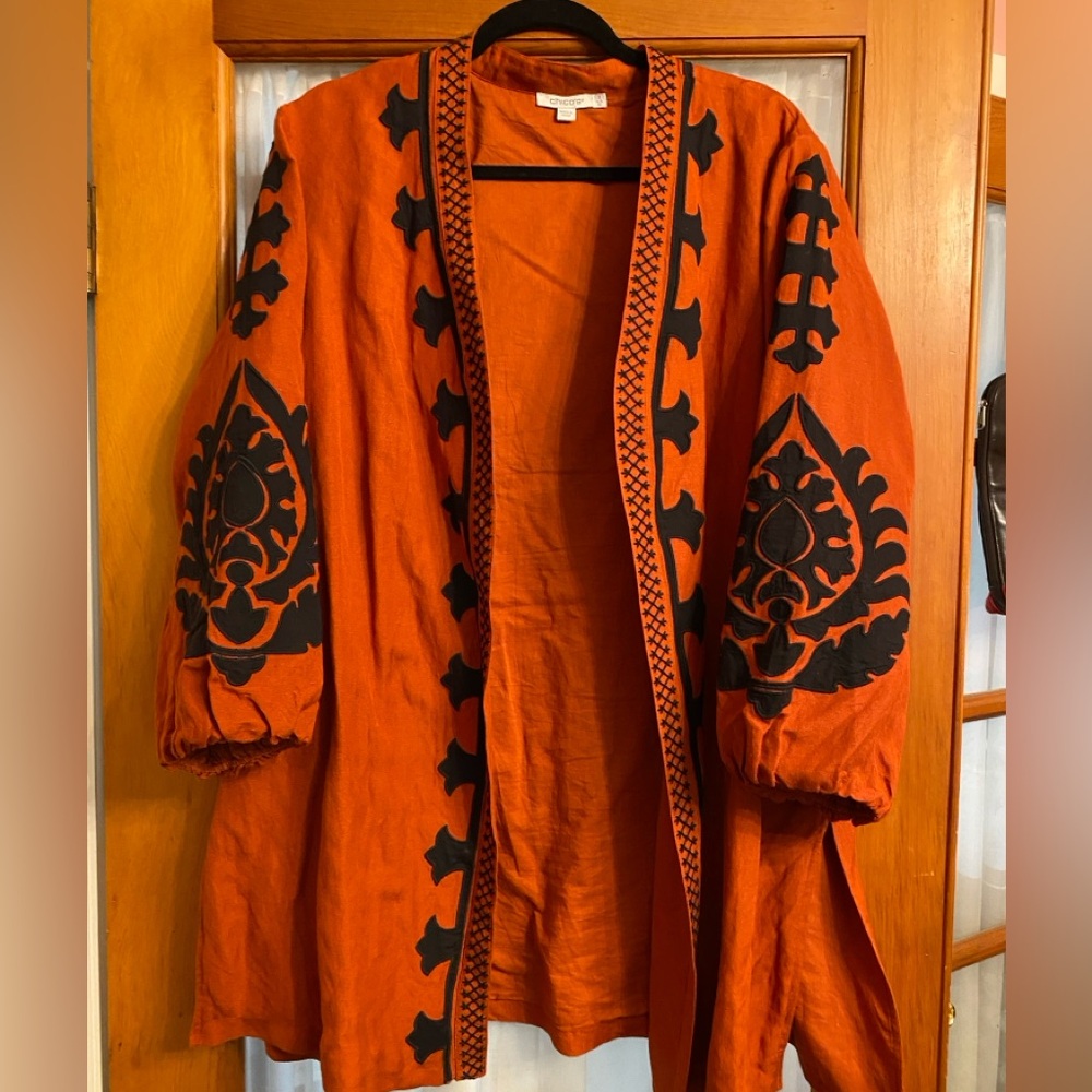 Chicos Appliqué Rust Orange & Black Lined Jacket Linen Blend Gorgeous XL Sz. 16 - Picture 8 of 10